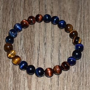 Tiger Eye Bracelet: Red, Blue, Brown Stones - Adjustable Fit