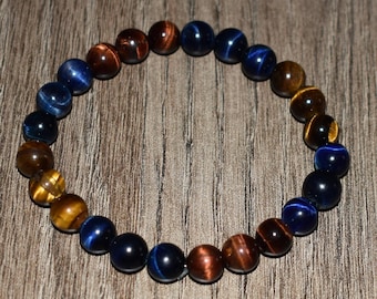 Tiger Eye Bracelet: Red, Blue, Brown Stones - Adjustable Fit