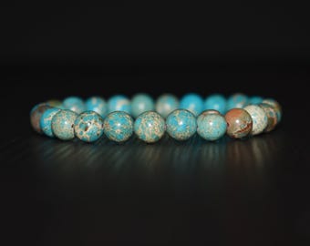 Turquoise Sea Sediment Jasper Bracelet, Unisex Beaded Gemstone