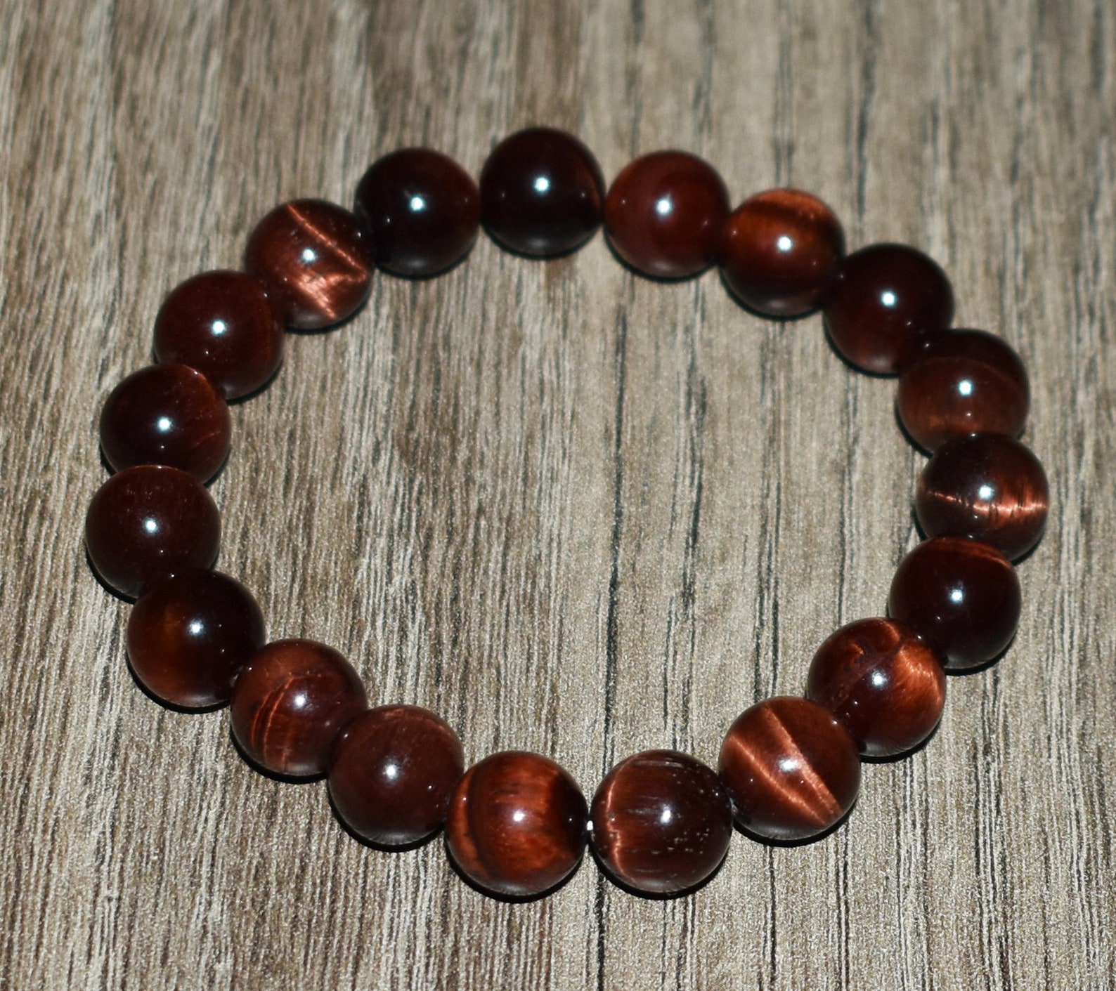 A.R Gems Red Tiger Eye Bracelet – AAA Polished Round Gemstone Stretch Bracelet, 10mm Beads, 7.5 Inch