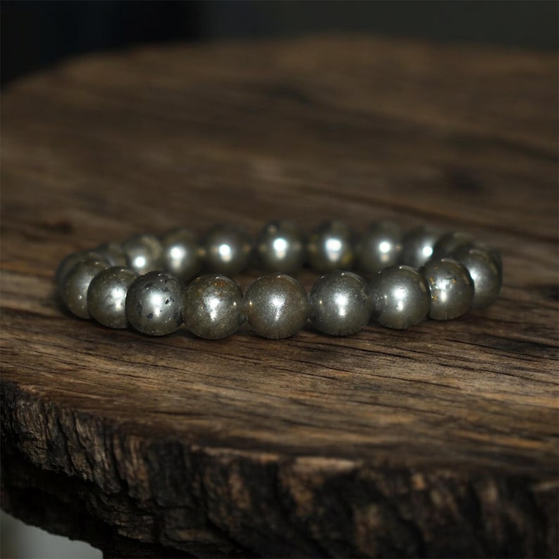 10mm Pyrite Bracelet, Natural Crystal Gemstone, Unisex Yoga Gift image 1