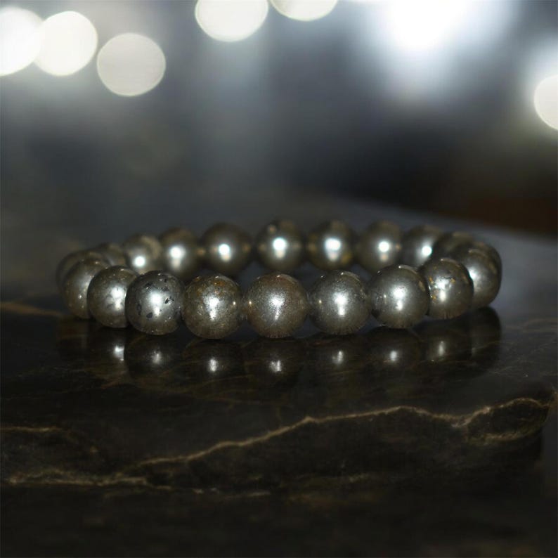 10mm Pyrite Bracelet, Natural Crystal Gemstone, Unisex Yoga Gift image 14