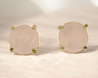 Natural Rose Quartz Stud Earrings, Gold Plated, Gemstone Jewelry