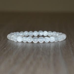 6mm Selenite Beaded Bracelet – White Gemstone Jewelry for Meditation & Layering - Crown Chakra Crystal