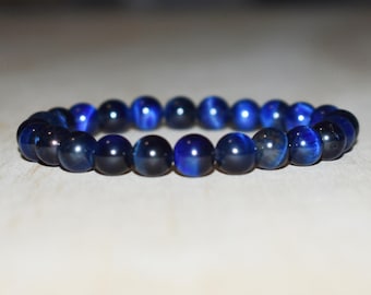 Blue Tiger Eye Beaded Bracelet 8mm, Gemstone Crystal Jewelry, Meditation Gift