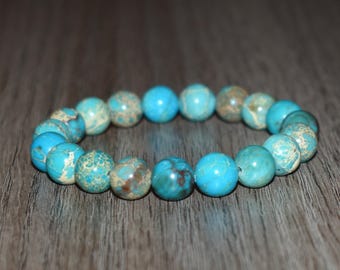 Turquoise Sea Sediment Jasper Bracelet, 10mm Beaded Unisex Bracelet