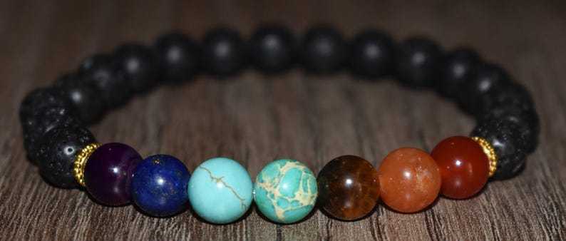 Bracelet en pierre de lave 7 chakras, diffuseur d'huiles essentielles, unisexe image 2