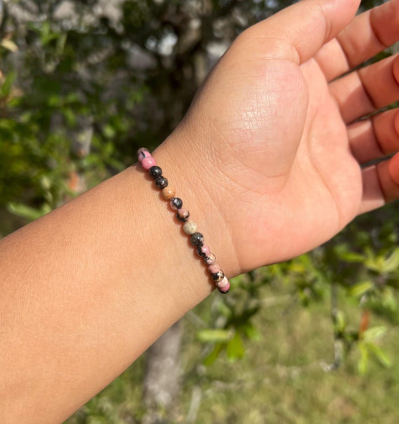 4mm Rhodonite Bracelet, Natural Gemstone, Positive Energy image 1