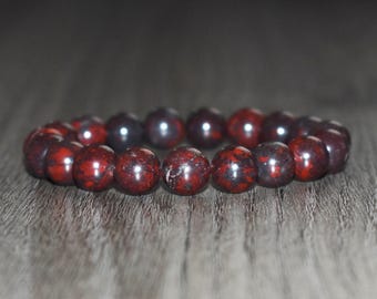 10mm Dark Red Brecciated Jasper Bracelet, Gemstone Crystal Bracelet