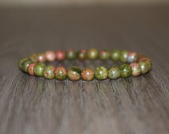 Unakite Beaded Bracelet 6mm, Green Pink Gemstone, Heart Chakra
