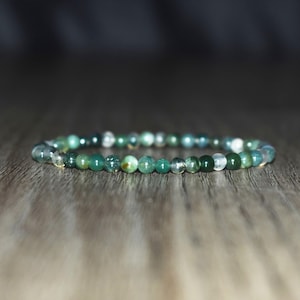Dainty Moss Agate Bracelet, Minimalist Beaded Design (4mm)