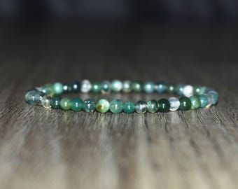 Dainty Moss Agate Bracelet, Minimalist Beaded Design (4mm)