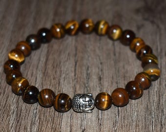 8mm Tiger Eye Beaded Bracelet with Buddha Charm, Gemstone Bracelet
