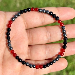 4 mm kralenarmband voor mannen en vrouwen, sierlijke uniseks armband, natuurlijke kristallen armband met zwarte obsidiaan, hematiet, rode carneool