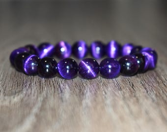 10mm Purple Tiger Eye Bracelet - Beaded Crystal Bracelet for Men & Women