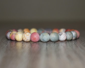 Matte Picasso Jasper Bracelet, 8mm Beaded Gemstone Crystal Bracelet