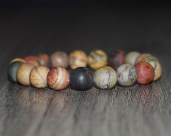 10mm Matte Picasso Jasper Beaded Bracelet, Unisex Gemstone Crystal
