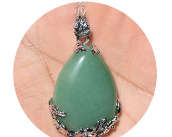 Green Aventurine Teardrop Necklace, Natural Crystal, Silver Plated