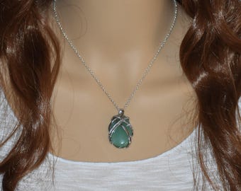 Green Aventurine Pendant Necklace, Silver Plated, Gemstone Jewelry