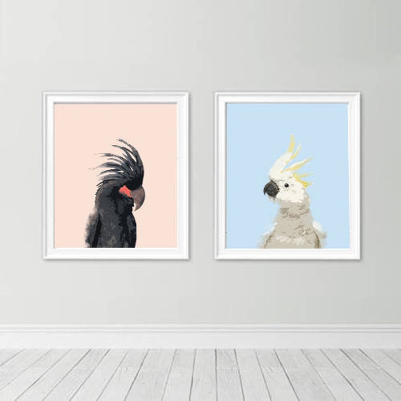 Cockatoo White Sulphur Crested and Black Cockatoo Water Color Downloadable Wall Art Prints, Australian Gift, Nursery Decor, Home Decor Print image 1