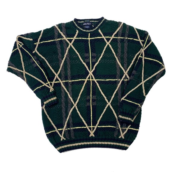 Nautica | Green Plaid Hand Knit Crewneck Sweater |