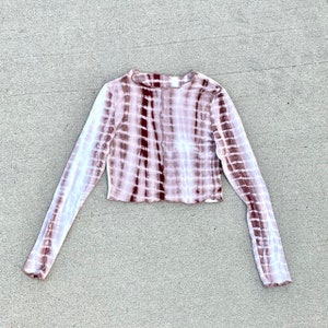 Braun Weiß Tie Dye Dehnbar Langarm Crop Top Damen S