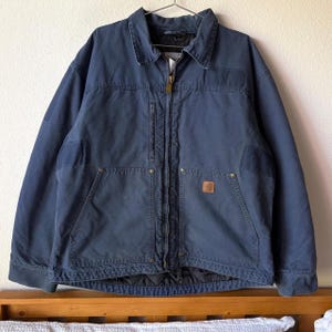 Carhartt Jacket Vintage Blue Canvas Work Coat - Men's XL - Cool Stripe Pattern