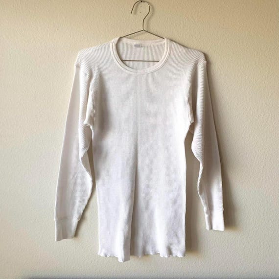 80s Vintage White Waffle Knit Thermal Long Sleeve Shirt