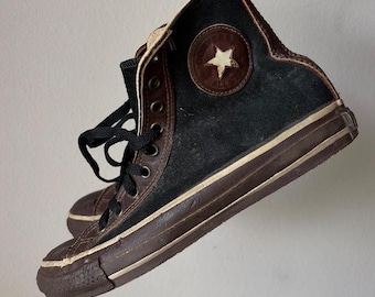 As is - Rare Made in USA Vintage Converse Sneakers Brown + Black Canvas Leather Shoes - Men's 5.5