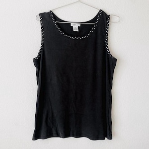 Camiseta de tirantes negra acanalada con escote de pedrería - Vintage Y2K para mujer (talla grande)