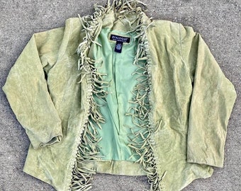 Veste à franges verte 100 % cuir Année 2000 vintage pour femme Medium