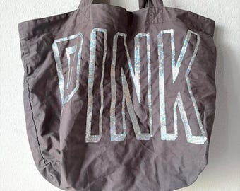 PINK Victoria's Secret Large Gray Tote Bag Silver Sequins - Bleach Stains on Back