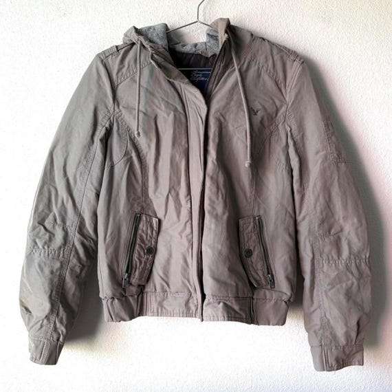 American Eagle Khaki Gray Hooded Bomber Jacket Coat - Women's Small