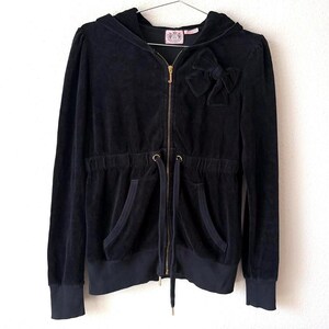 Made in USA Juicy Couture Vintage 2000s Black Velour Zip Up Hoodie Jacket - Large