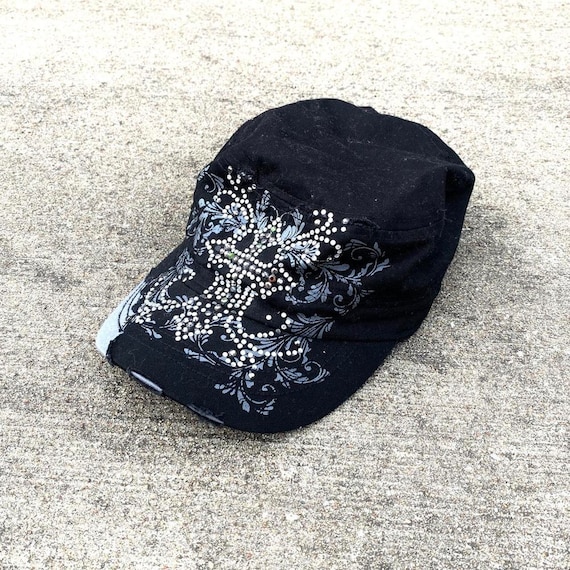 Y2K Vintage Rhinestone Cross Bling Hat Cap Black G