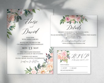 Wedding Flower Invitation Template,Floral Blush Wedding Invitation, Rose Wedding Invitations, Flower Wedding Invite | WEIN_68_02_PDF
