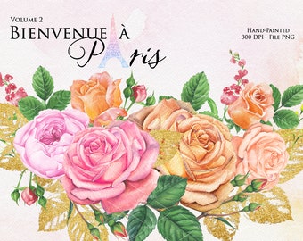 パリの水彩クリップアート、フランス、エッフェル塔、フランス、バラの
