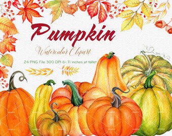 May include: Watercolor clipart of pumpkins in various shapes and sizes, including a green pumpkin, a gourd, and a butternut squash. The pumpkins are painted in shades of orange, yellow, and green, with some having brown stems. The image includes the text "Pumpkin Watercolor Clipart".