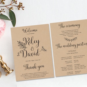 Suite de mariage, Programmes de mariage personnalisés, cérémonie, Mariage Kraft, Papier Kraft, Mariage rustique, Téléchargement numérique, Word modifiable | WEWOWP_56