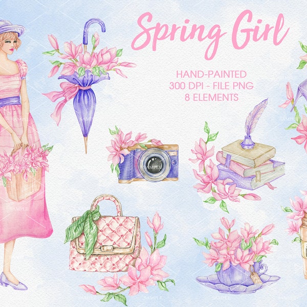 Sping Girls,Watercolor spring clipart set with flower,Magnolia Flower,Bicycle and gardening tool for spring craft project,invitation|WCSG_01