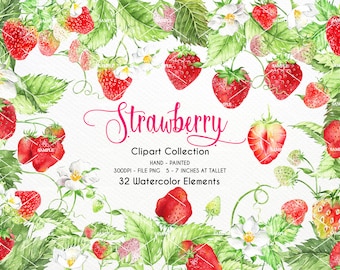 Watercolor Strawberry Clipart. Wedding clipart Invitation clipart Wreath. Strawberry Clipart Summer Strawberry Clipart | WCST_01