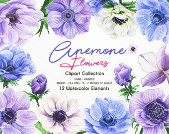 Watercolor Anemone Flower Clipart,Handpainted elements,Anemone violet blue flowers,wedding invitations,boho,floral wedding clipart | WCAF_06