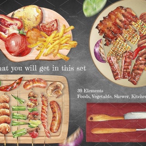 May include: Watercolor illustration of a set of 39 food and kitchen elements. The set includes various foods like grilled meats, vegetables, skewers, and kitchen utensils. The illustration is painted in a realistic style with vibrant colors.