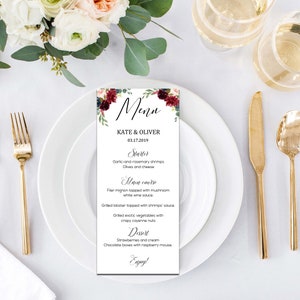 Suite de mariage, Menu de mariage personnalisé, Mariage Marsala, Bourgogne Pivoies Floral Boho, Téléchargement numérique, Word modifiable | WEWOME_57