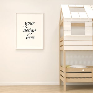 May include: A white framed picture with the text "your design here" hanging on a white wall. A wooden bunk bed with a white roof is in the corner of the room.