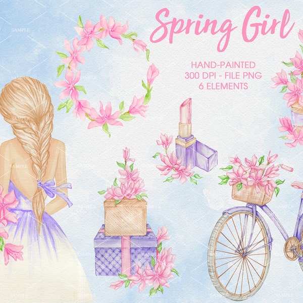 Sping Girls,Watercolor spring clipart set with flower,Magnolia Flower,Bicycle and gardening tool for spring craft project,invitation|WCSG_02