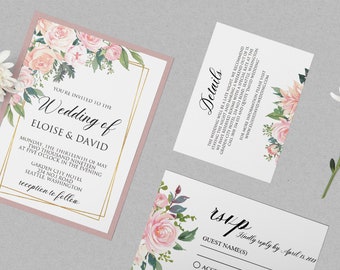 Wedding Flower Invitation Template,Floral Blush Wedding Invitation, Rose Wedding Invitations, Flower Wedding Invite | WEIN_68_06_PDF