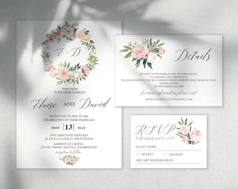 Wedding Flower Invitation Template,Floral Blush Wedding Invitation, Rose Wedding Invitations, Flower Wedding Invite | WEIN_68_01_PDF