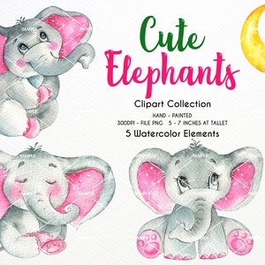 Elephant Baby Watercolor Clipart,Elephant neutral,Watercolor little animal clipart,africa,Baby born,Baby shower,pink elephant,| WCEL_01