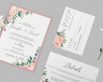 Wedding Flower Invitation Template,Floral Blush Wedding Invitation, Rose Wedding Invitations, Flower Wedding Invite | WEIN_68_04_PDF